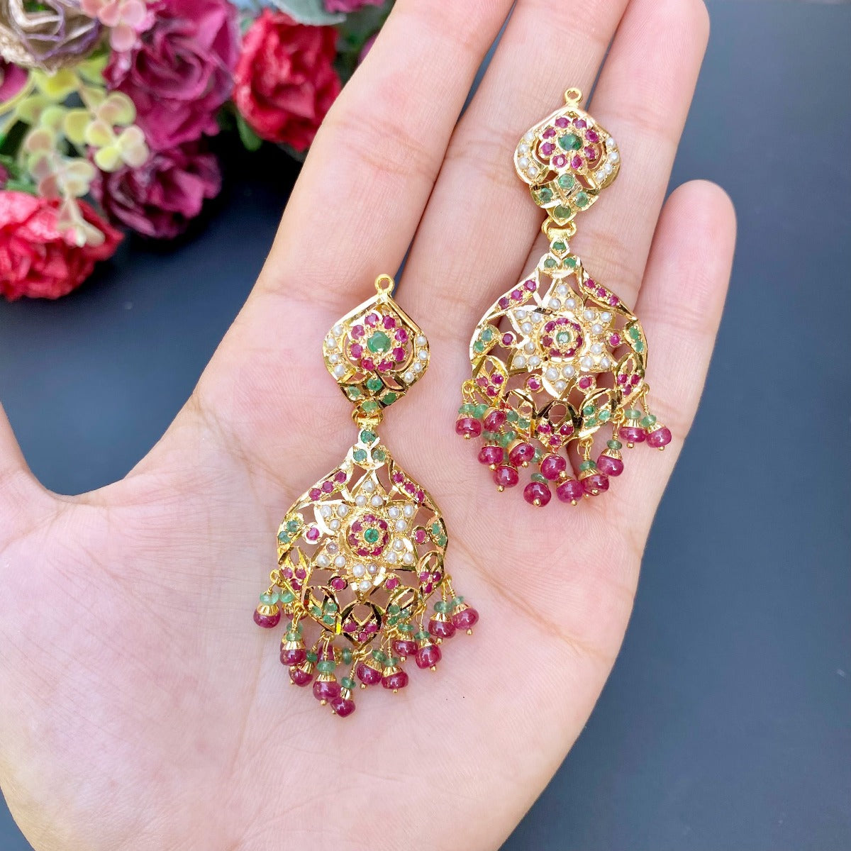 22k Gold Rani Haar Studded with Rubies, Emeralds and Pearls GNS 088