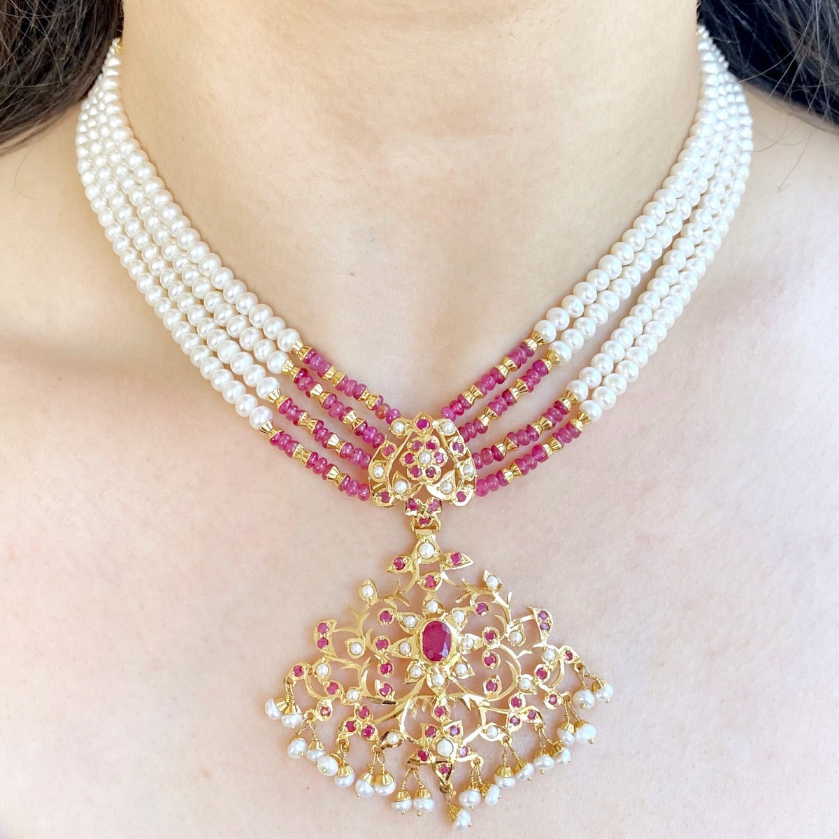 Ruby Pearl Edwardian Necklace Set in 22ct Gold GNS 087