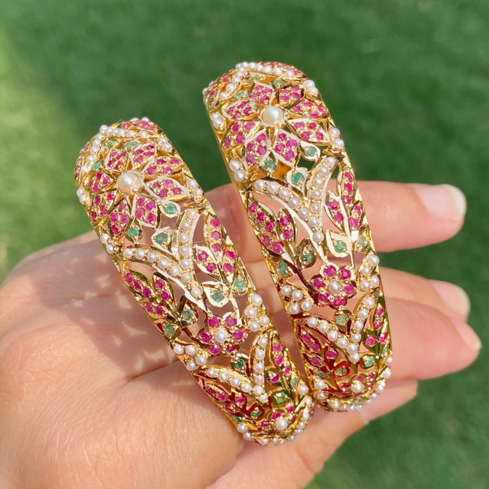 original gold bangles studded with ruby emerald and pearls