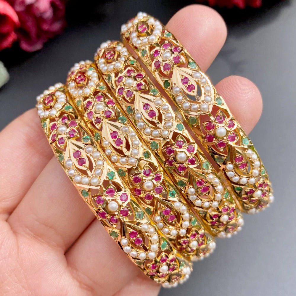 mughal bangles in 22k gold with ruby emerald pearls