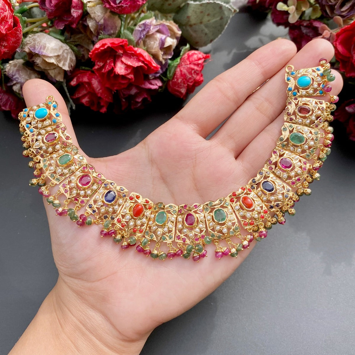 gold necklace set with navratna stones