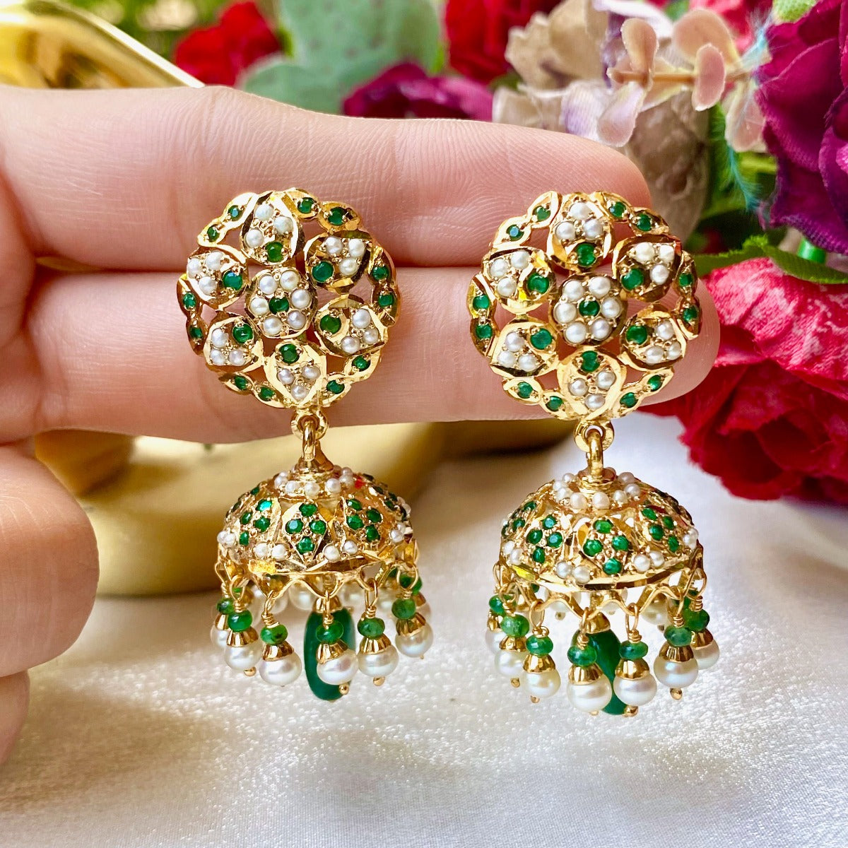 gold plated emerald jhumkis
