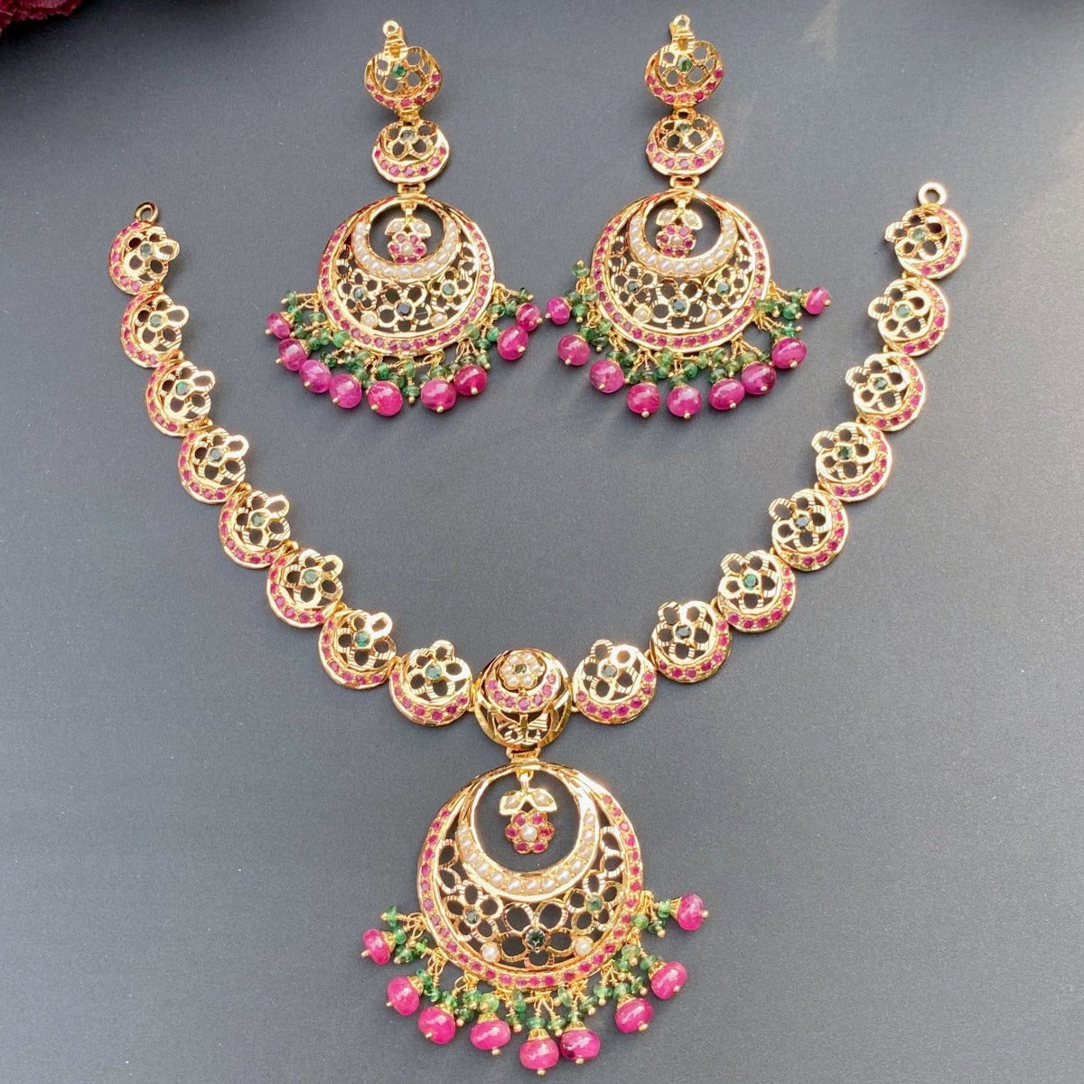 Multicoloured Floral Jadau Necklace in 22ct Gold GNS 115