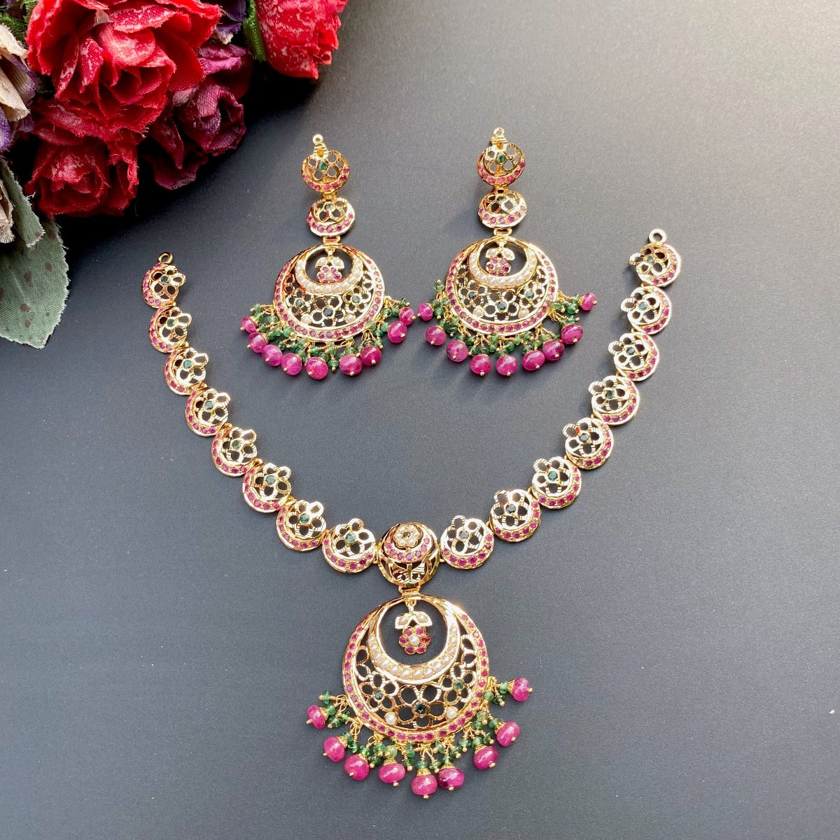 Multicoloured Floral Jadau Necklace in 22ct Gold GNS 115