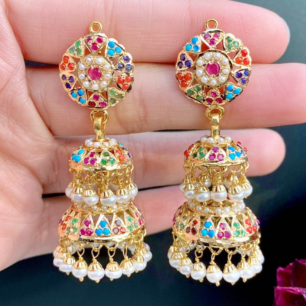 Double Jhumka Earrings in Navratna Colors in 22k Gold GER 020