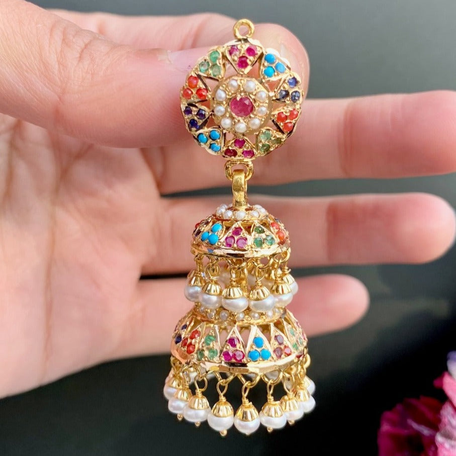 Double Jhumka Earrings in Navratna Colors in 22k Gold GER 020