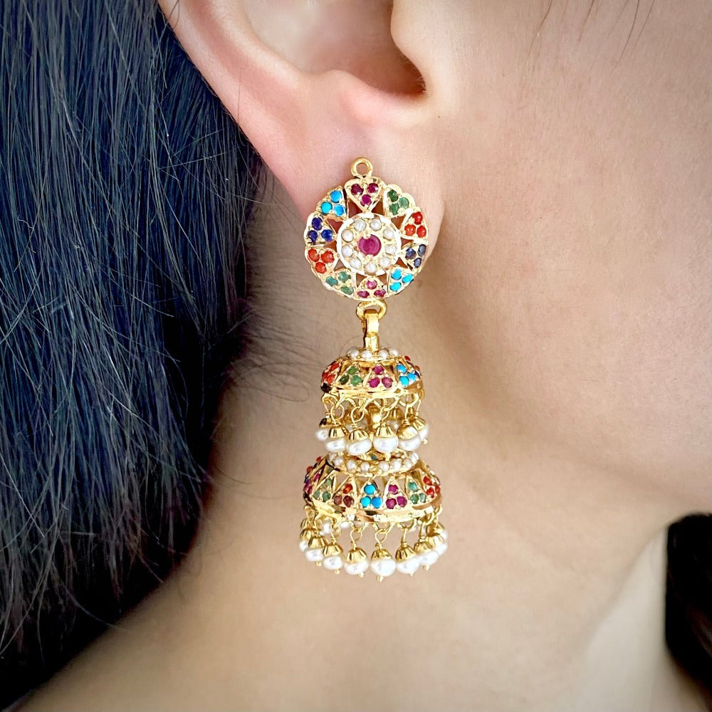 gold double jhumka earrings