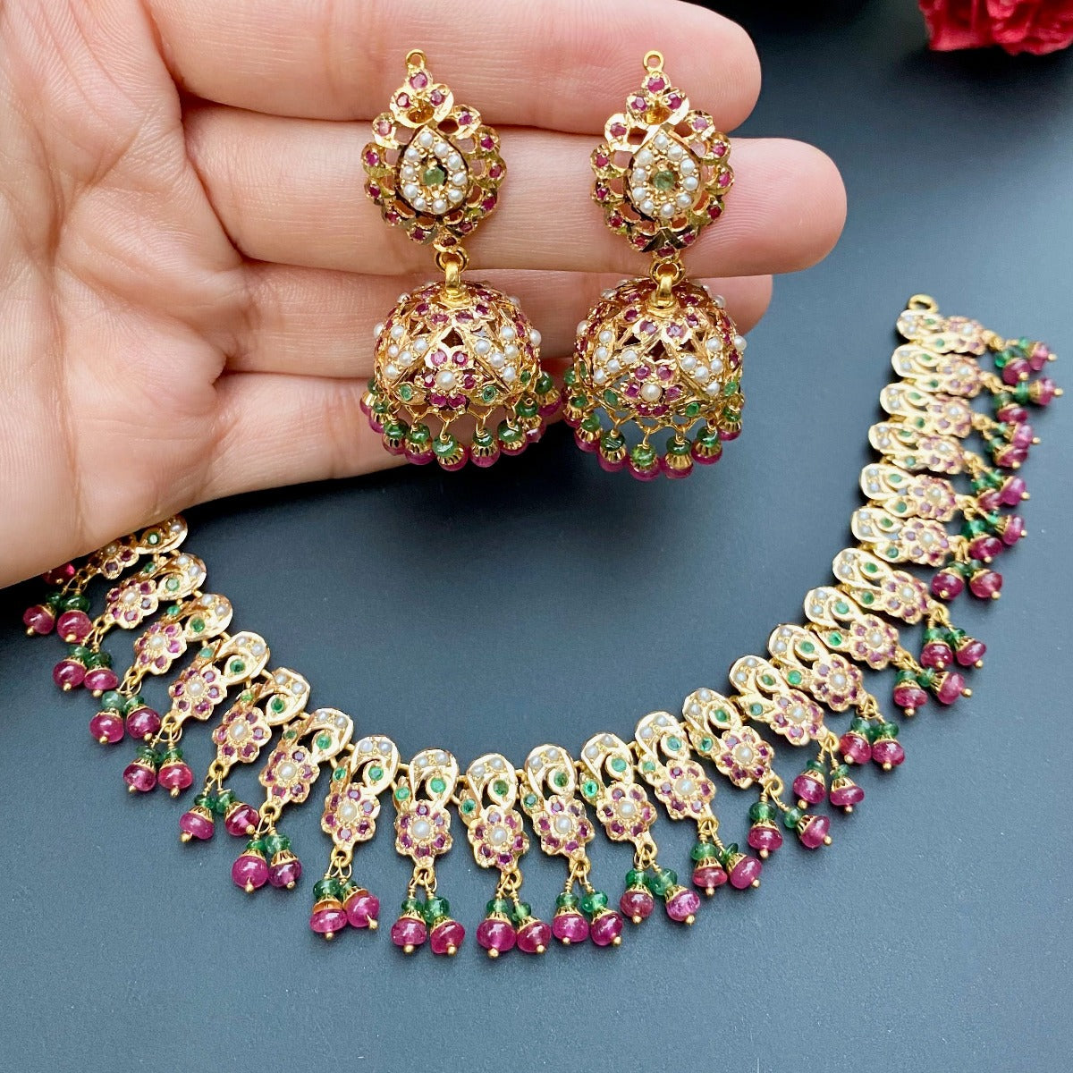 Multicoloured Delicate Necklace with Jhumkis in 22ct Gold GNS 093