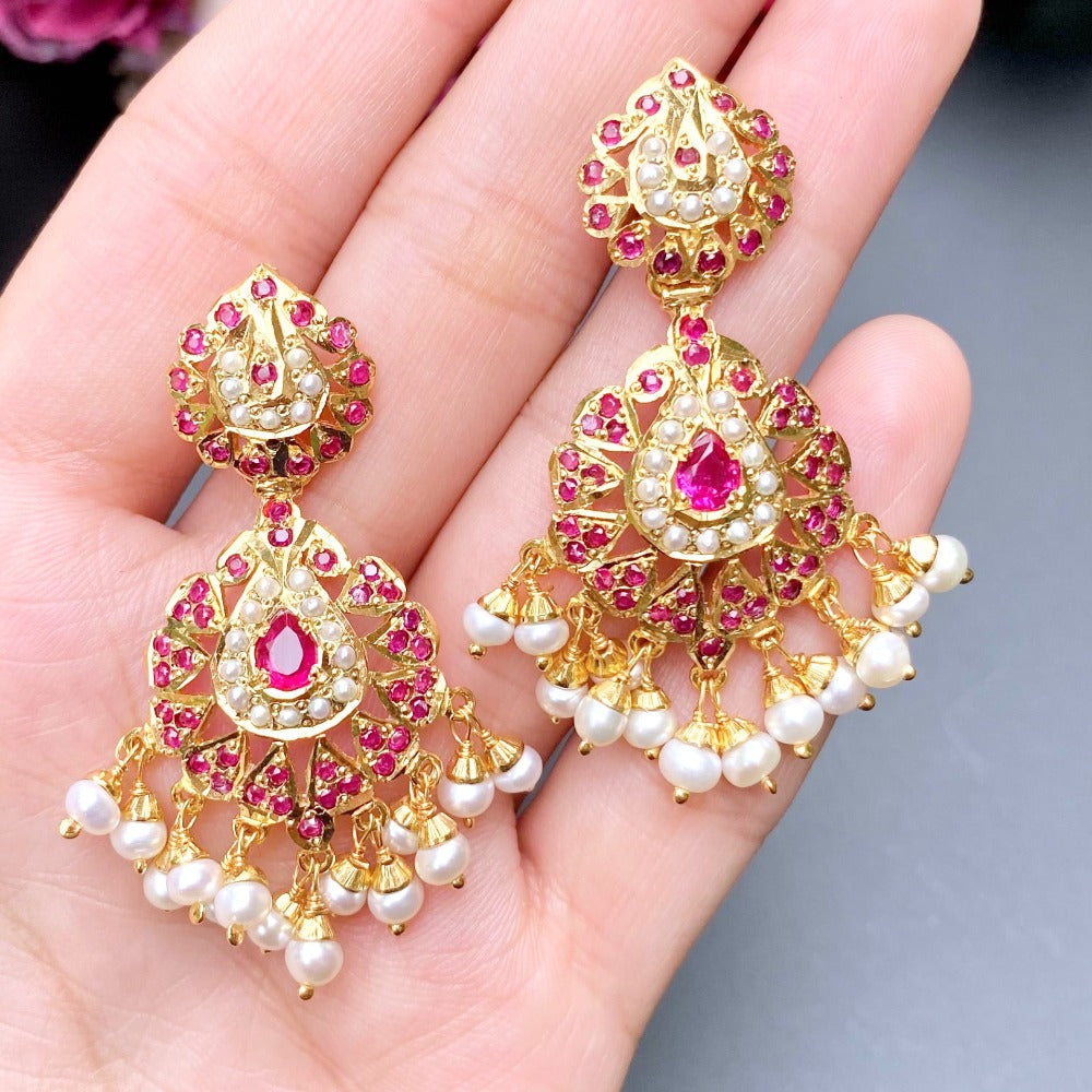 Light and Elegant Ruby and Pearl Earrings in Gold Plated Silver ER 407