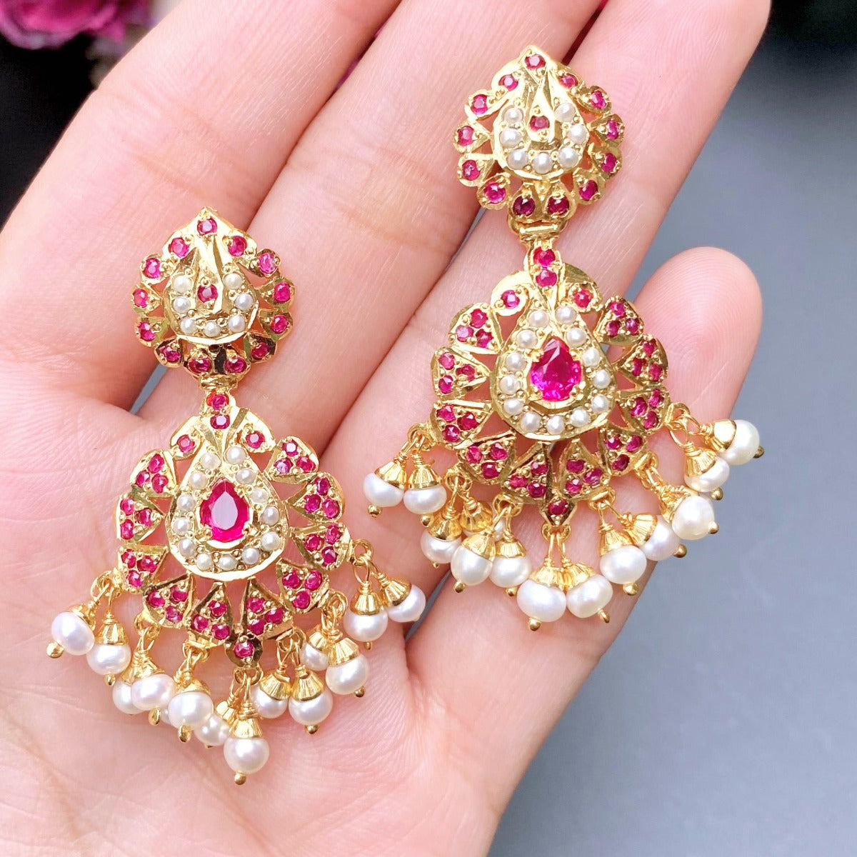 Ruby Emerald Beads Pearls Kundan Crescent Chandbali Earring – Priyaasi