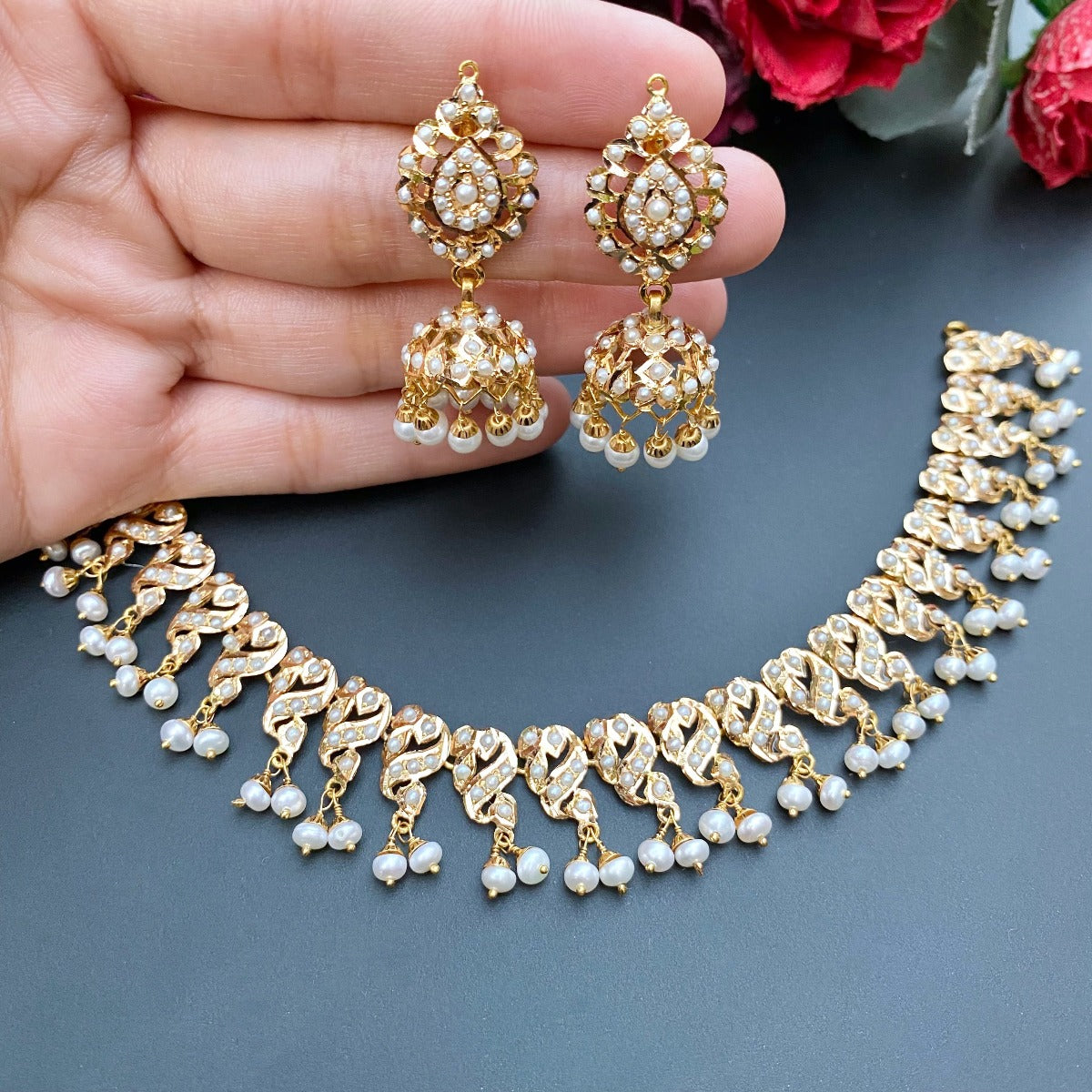 Delicate Pearl Necklace with Jhumki in 22ct Gold GNS 092