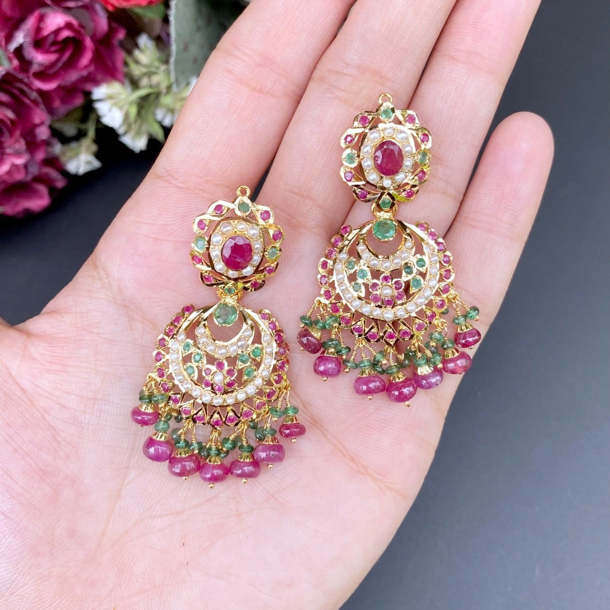 gold chandbalis studded with ruby emerald and pearls