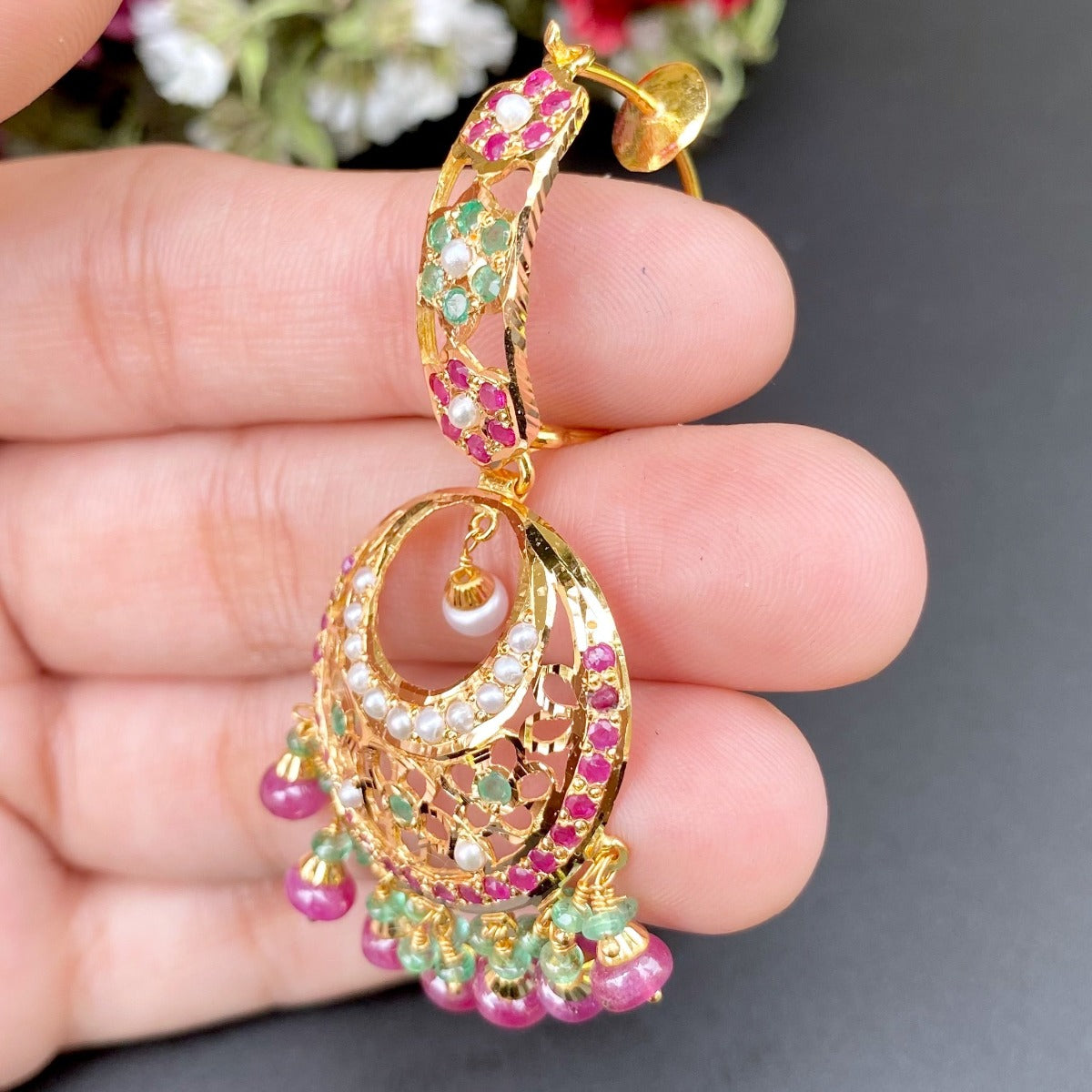 Multicoloured Traditional Jadau Earrings in 22ct Gold GER 059