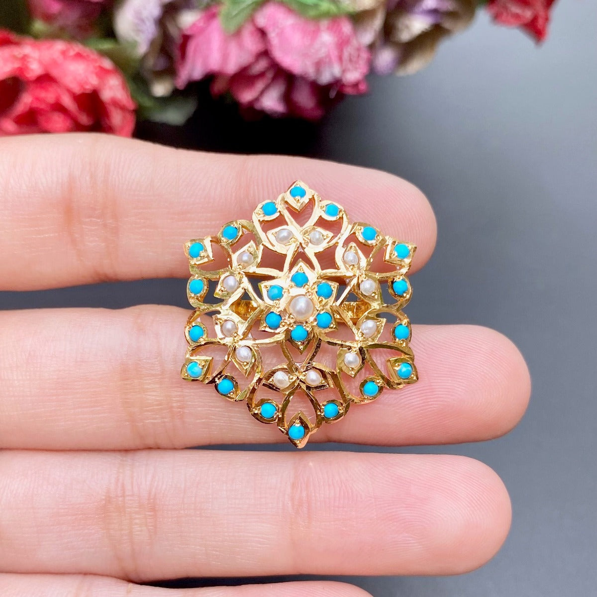 Floral Pearl and Turquoise Ring in 22ct Gold GLR 051
