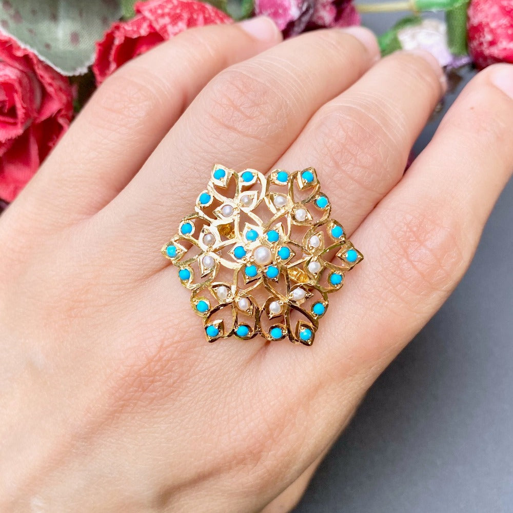Floral Pearl and Turquoise Ring in 22ct Gold GLR 051