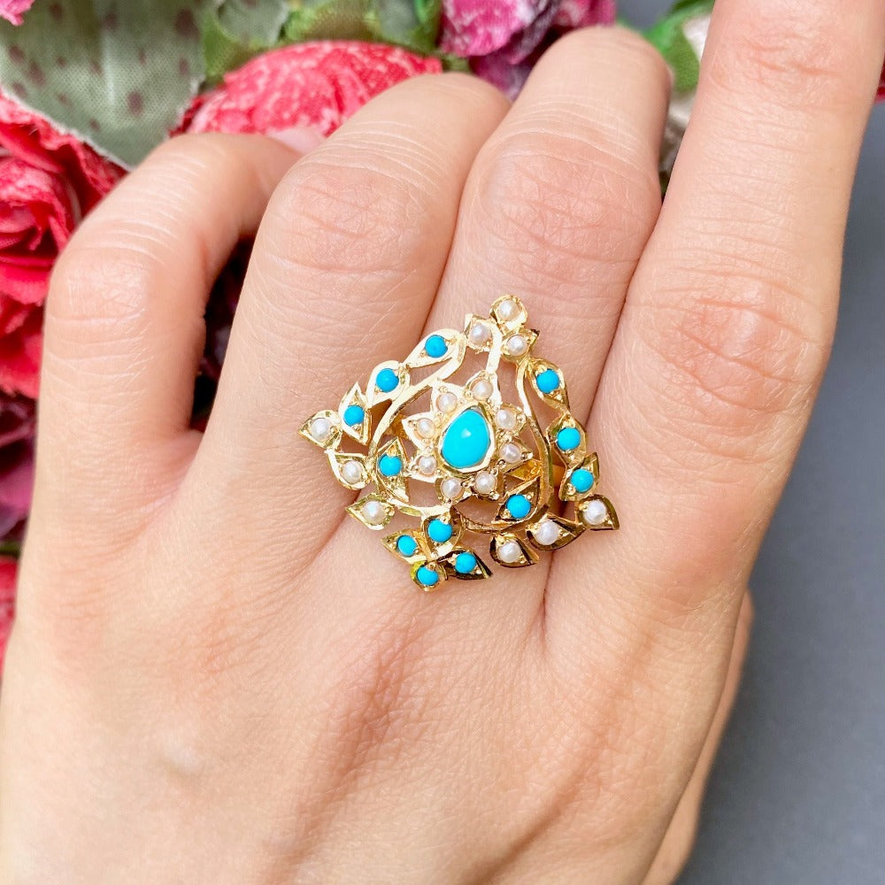 Pearl and Turquoise Ring in 22ct Gold GLR 050
