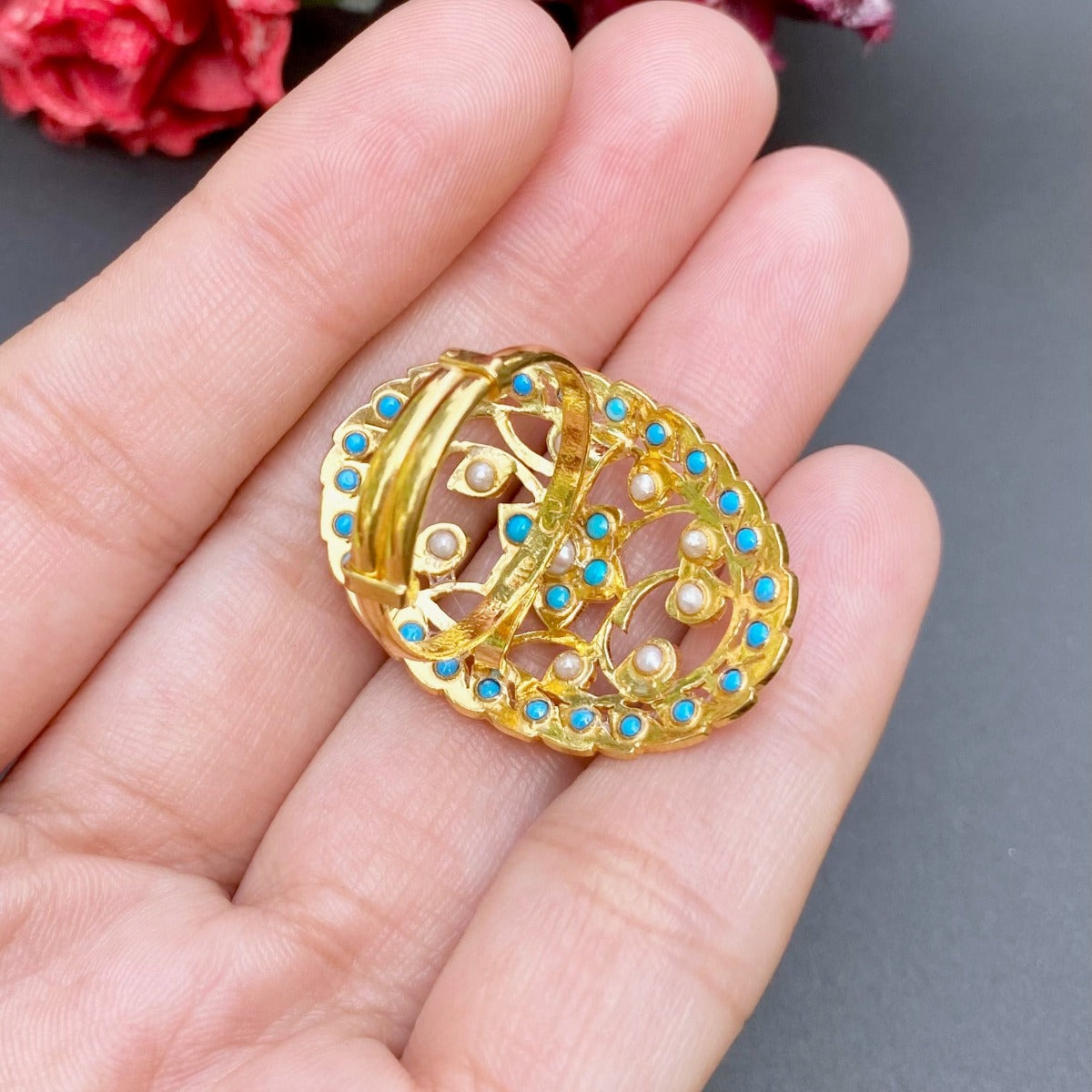 Vintage Era Inspired Pearl and Turquoise Ring in 22ct Gold GLR 046