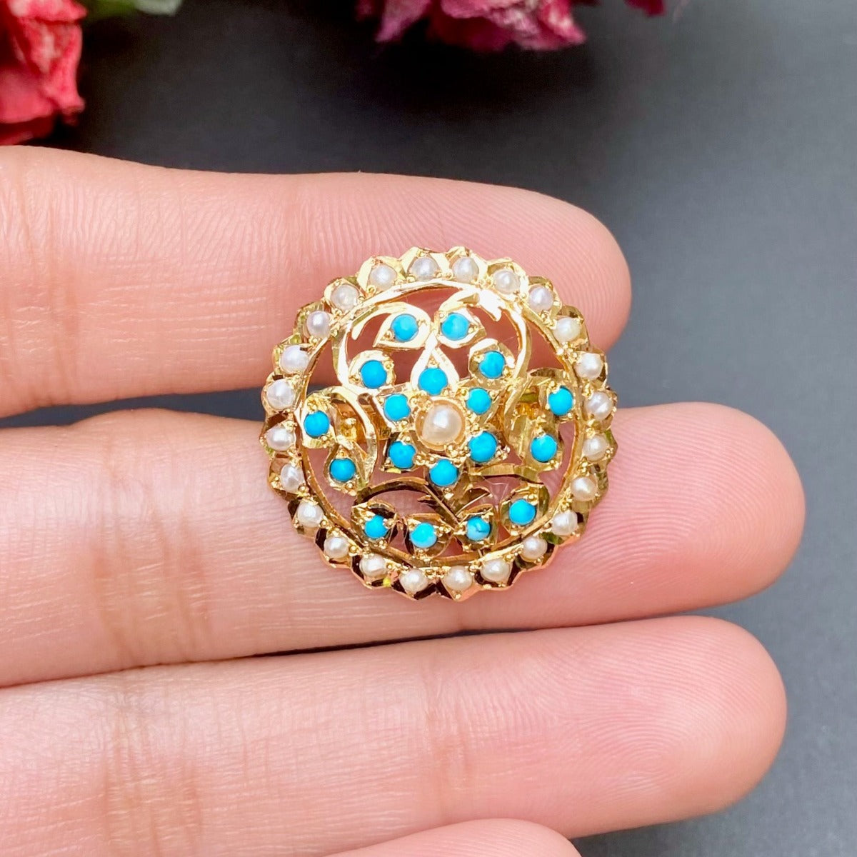 Classic Pearl and Turquoise Ring in 22ct Gold GLR 049