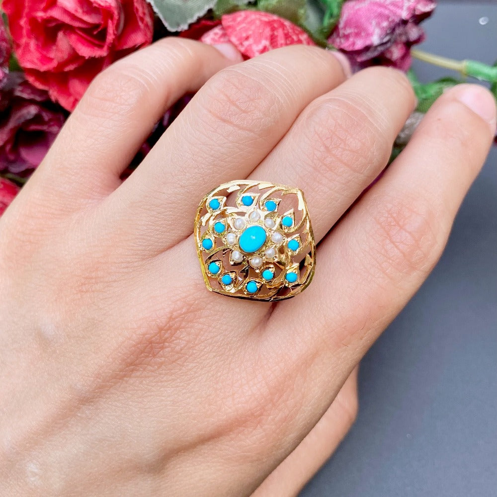 Pearl and Turquoise Ring in 22ct Gold GLR 048