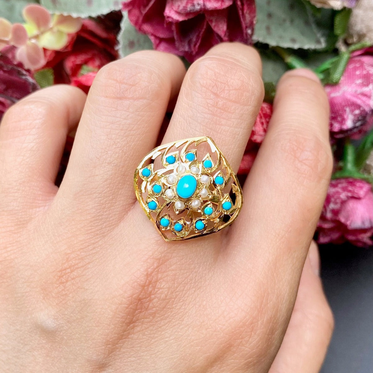 Pearl and Turquoise Ring in 22ct Gold GLR 048