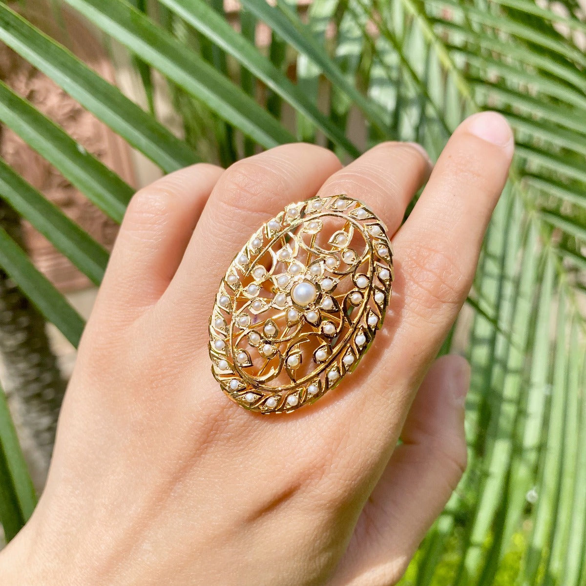 pearl cocktail ring in gold