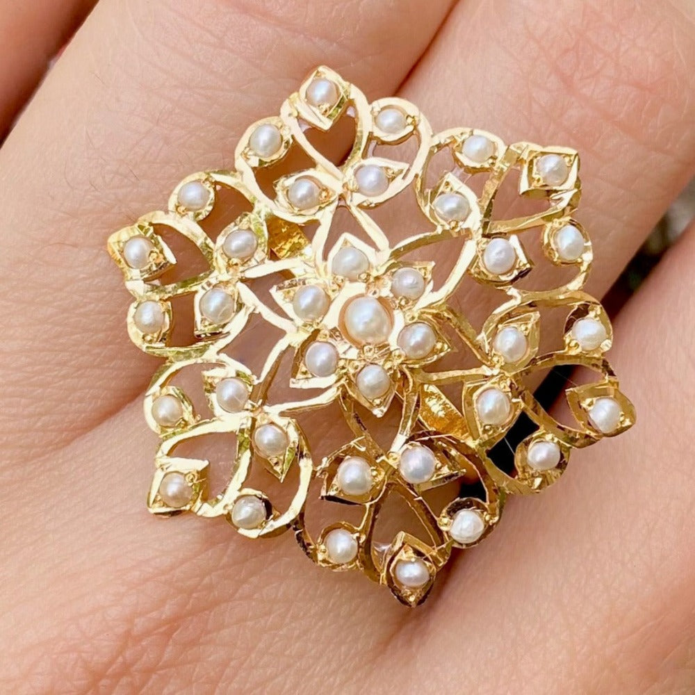 Floral Gold Ring in 22ct Gold Studded with Pearls using Traditional Jadau Jewelry Technique GLR 047