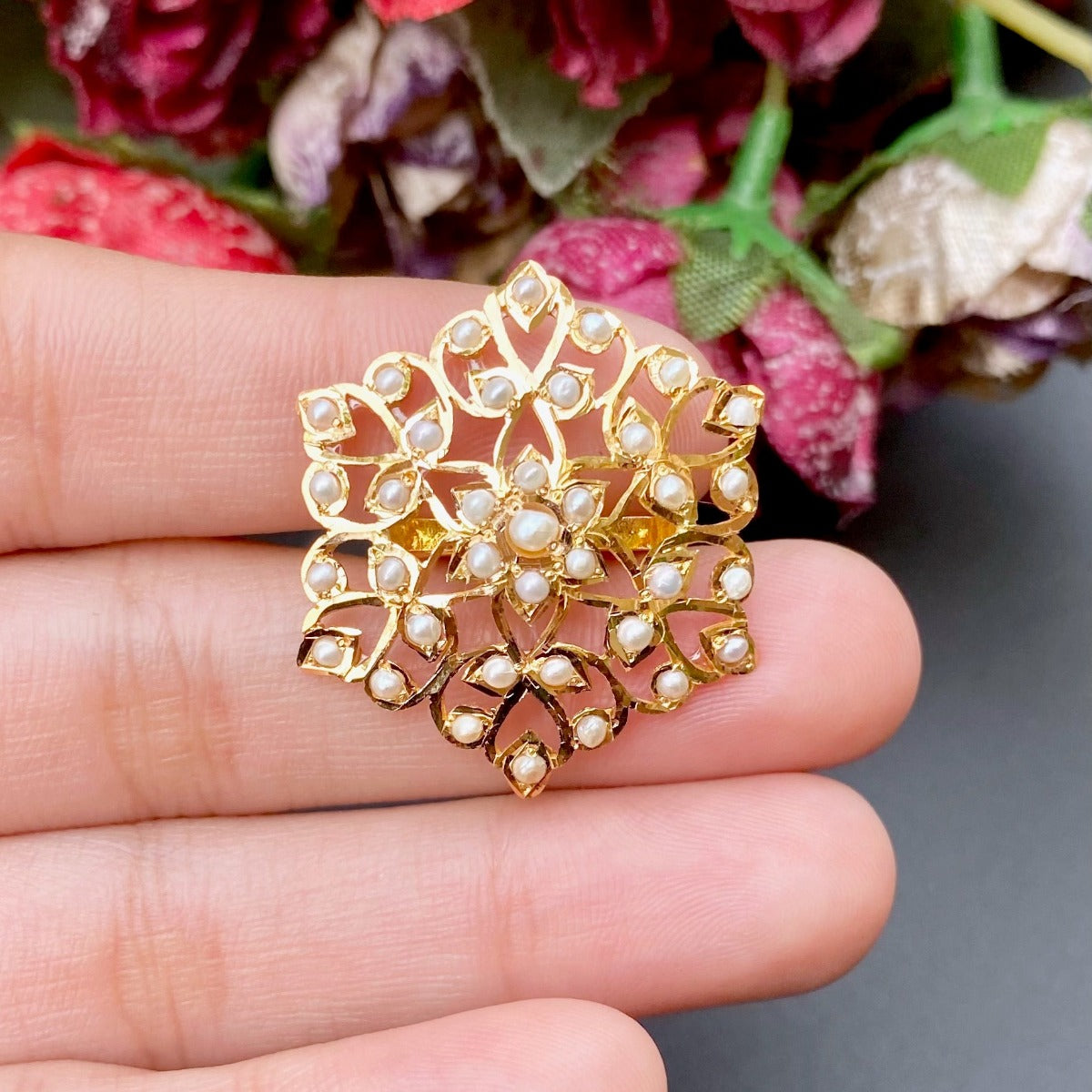 Floral Gold Ring in 22ct Gold Studded with Pearls using Traditional Jadau Jewelry Technique GLR 047