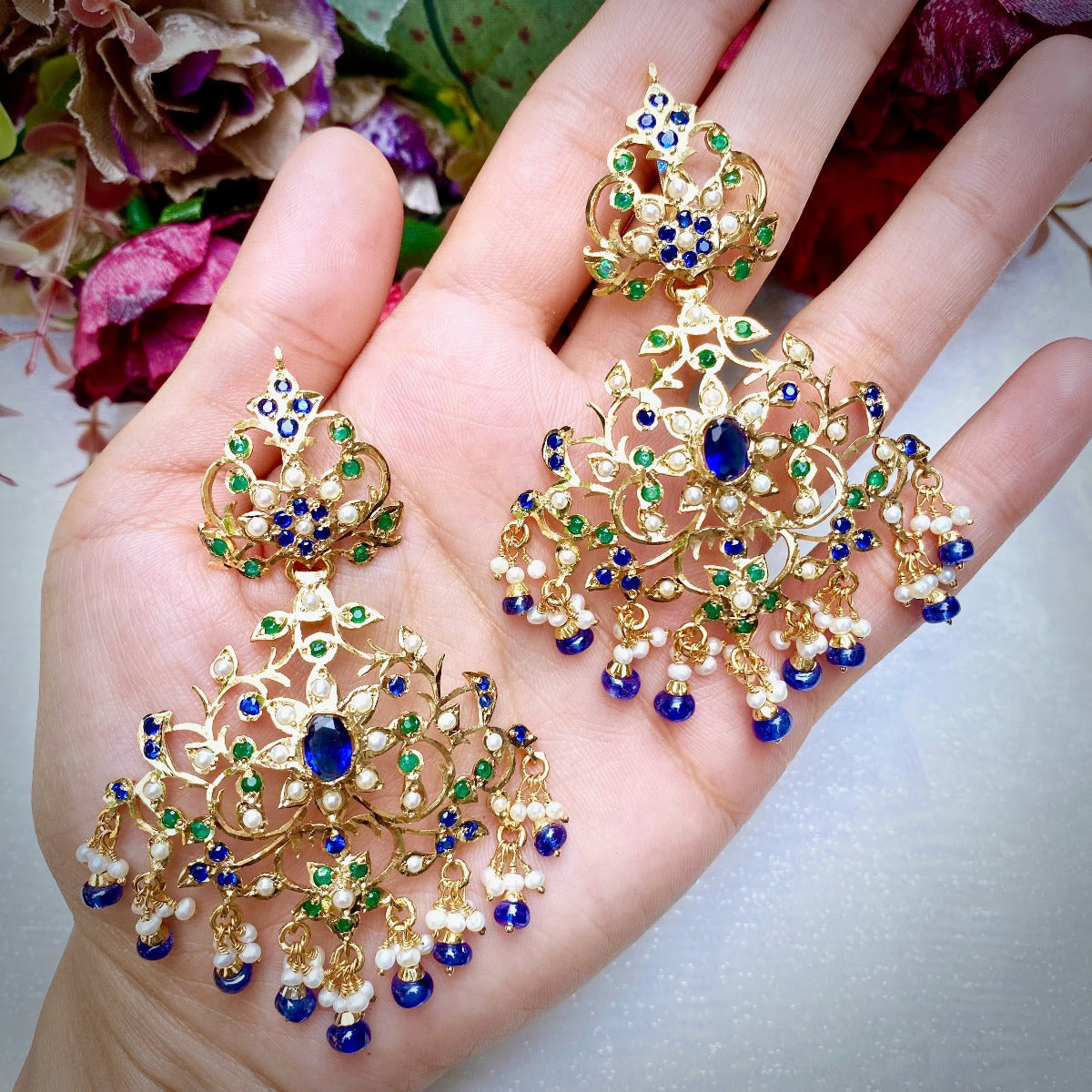 mughal design blue sapphire earrings with gold plating