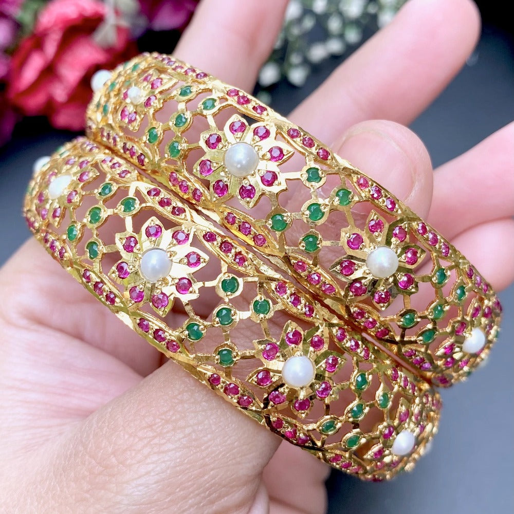 multicolored jadau bangles in gold plated silver