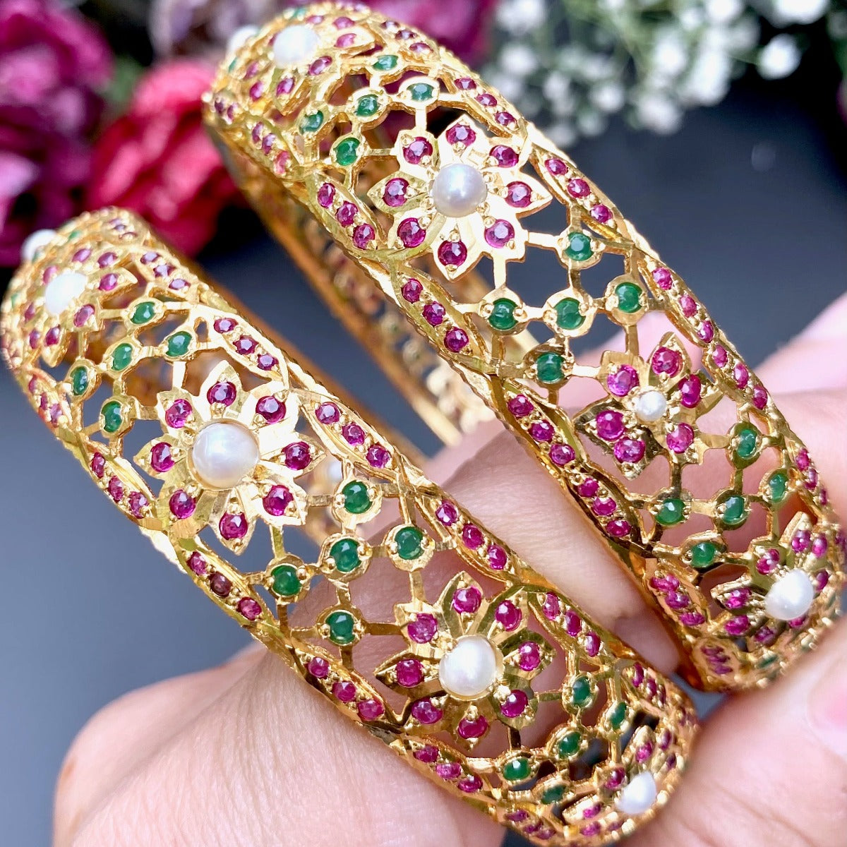 kundan bangles in gold plated silver