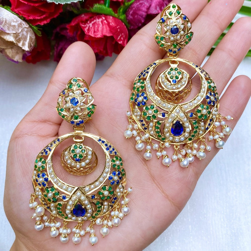 Traditional Orange Stone & Pearl Golden Plated Chandbali Earring Jhumki |  Priviu