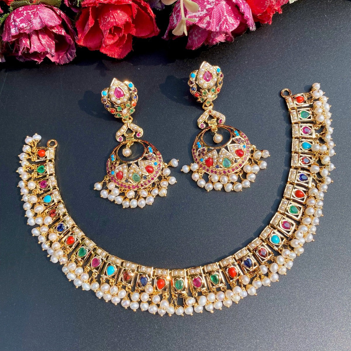 22k gold jadau set navrattan with chandbali earrings
