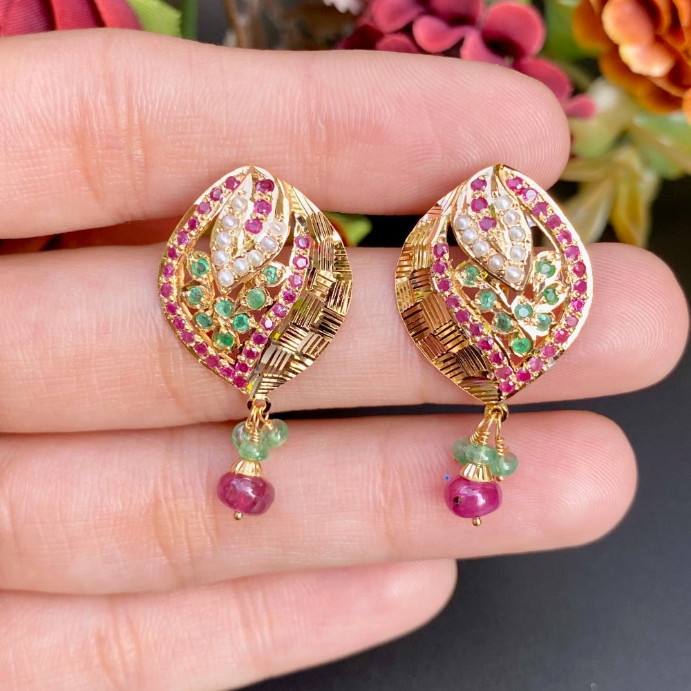 gold studs with ruby emerald