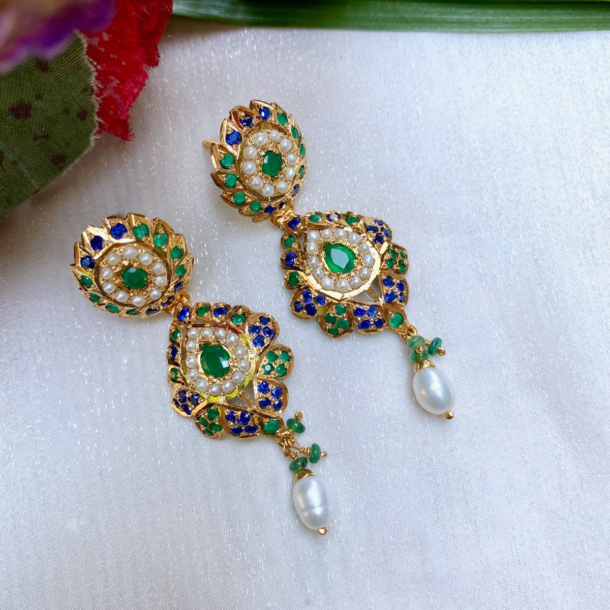 Multicolored Jadau Pendant Set in Gold Plated Silver PS 050