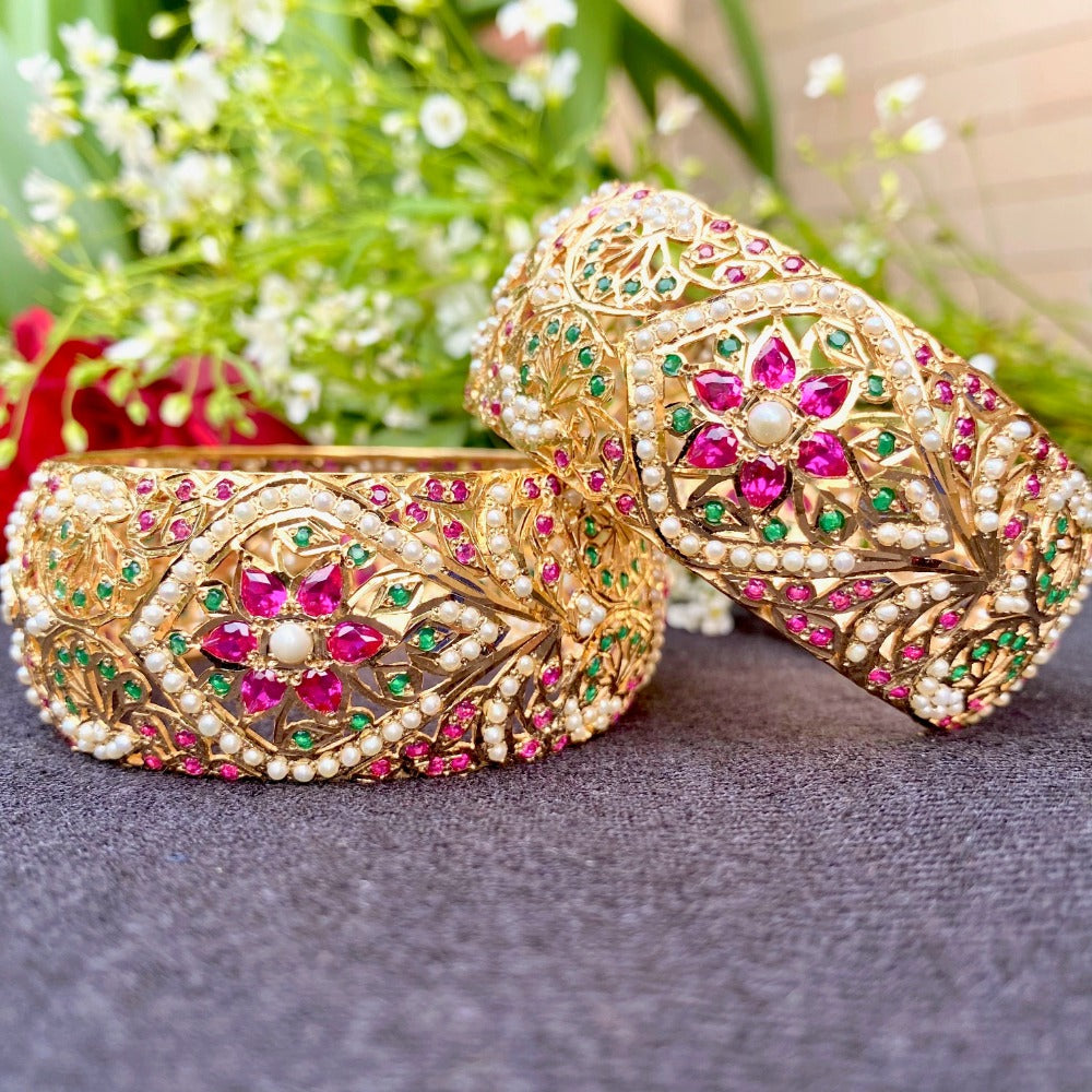broad jadau bangles in gold plated silver