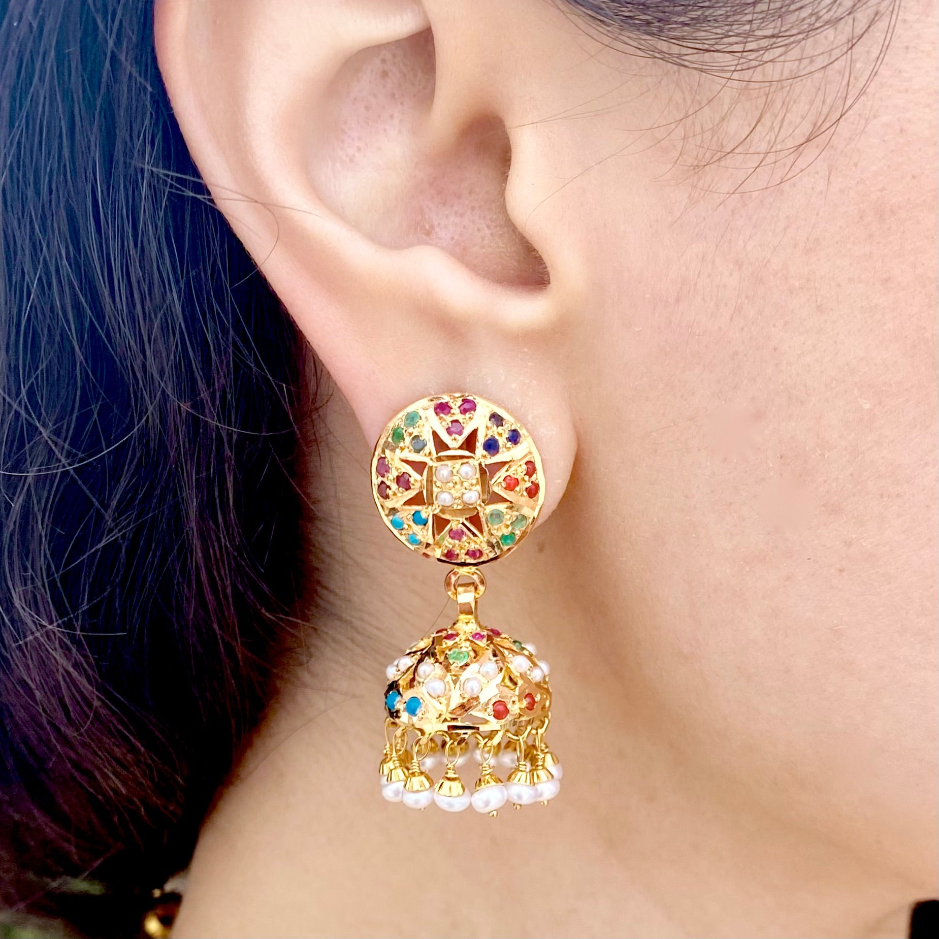 navratna stones jhumka earrings