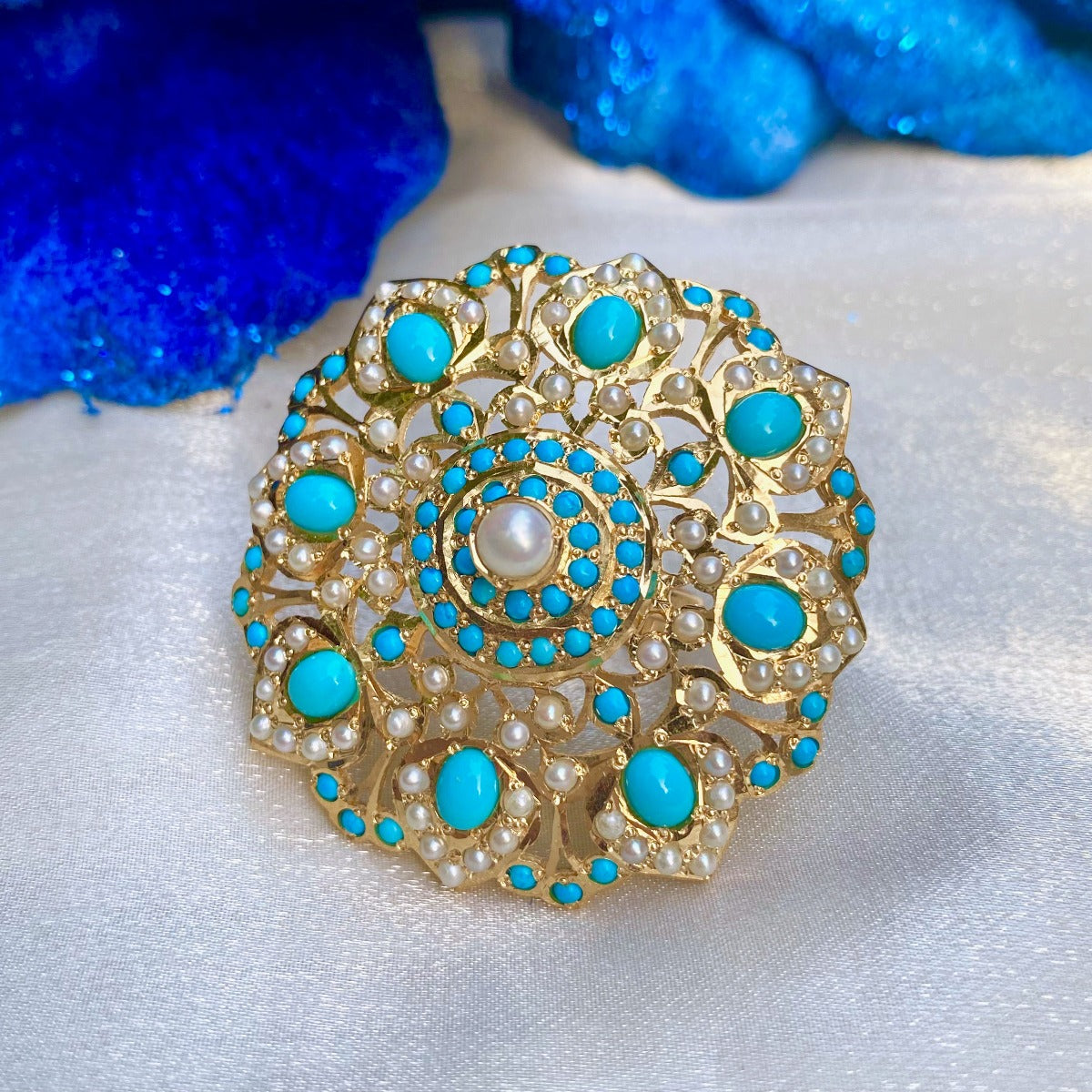 Pearl Turquoise Jadau Cocktail Ring in Gold Plated Silver LR 024