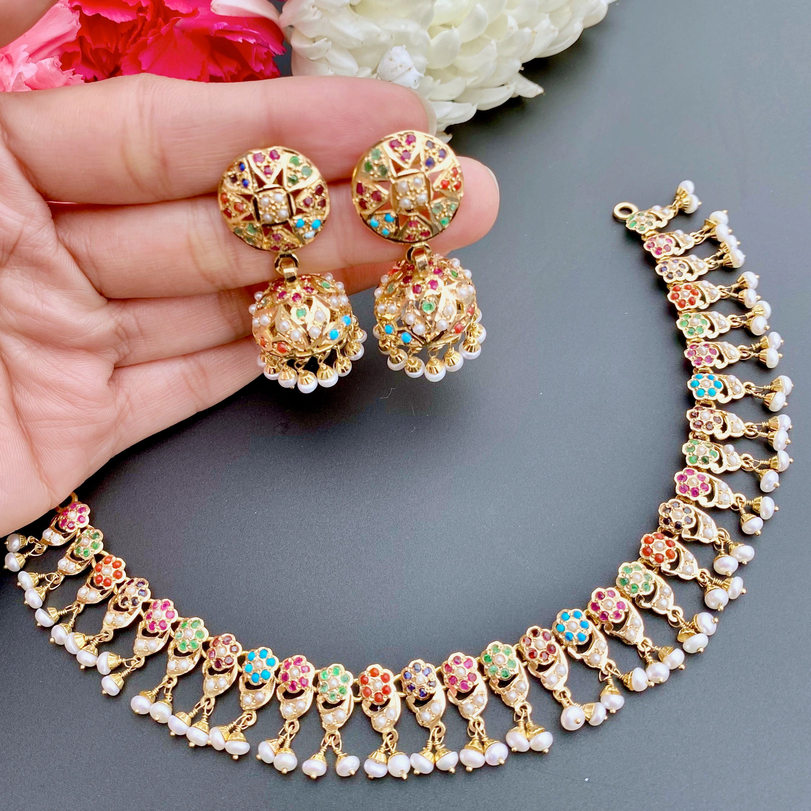 elegant navratna necklace with jhumkas