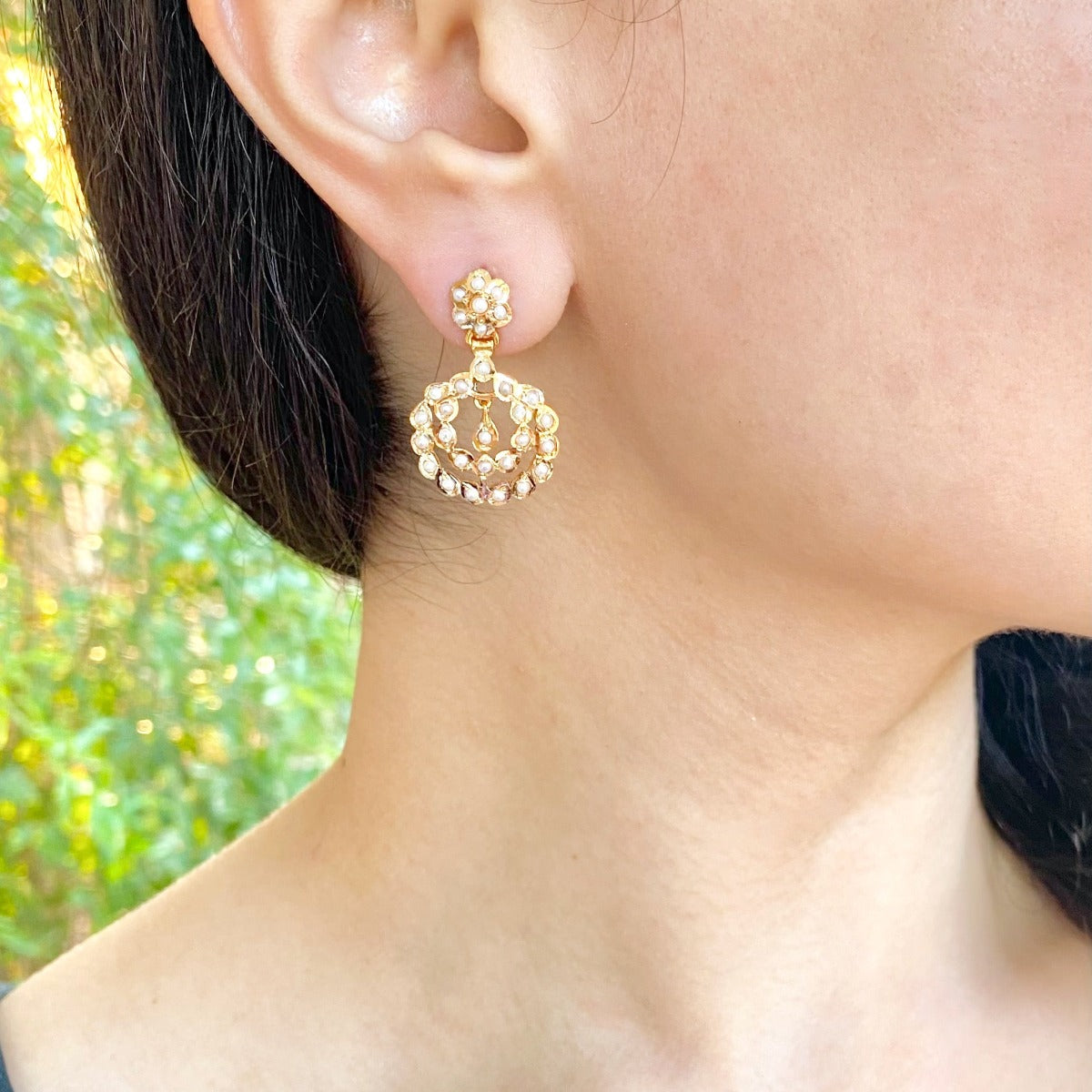 dainty chandbali earrings in gold and pearls
