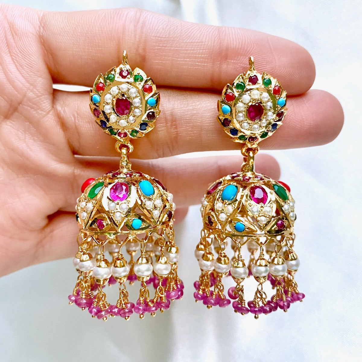 navrattan jhumka earrings on gold plated silver