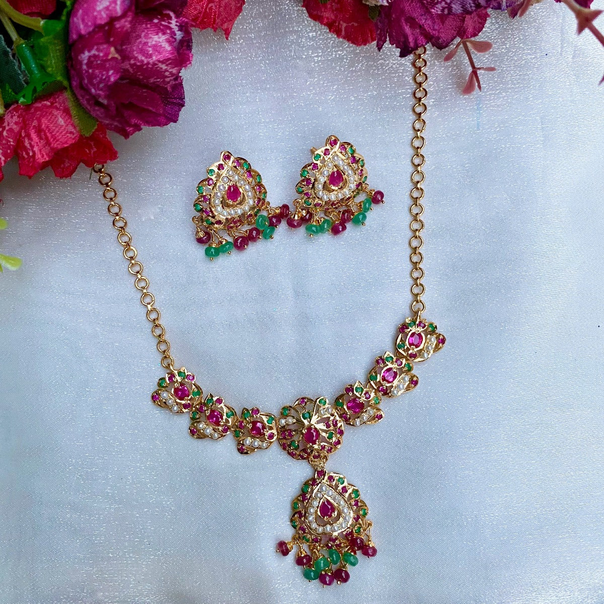Multicolored Jadau Necklace Set in Gold Plated Silver NS 128