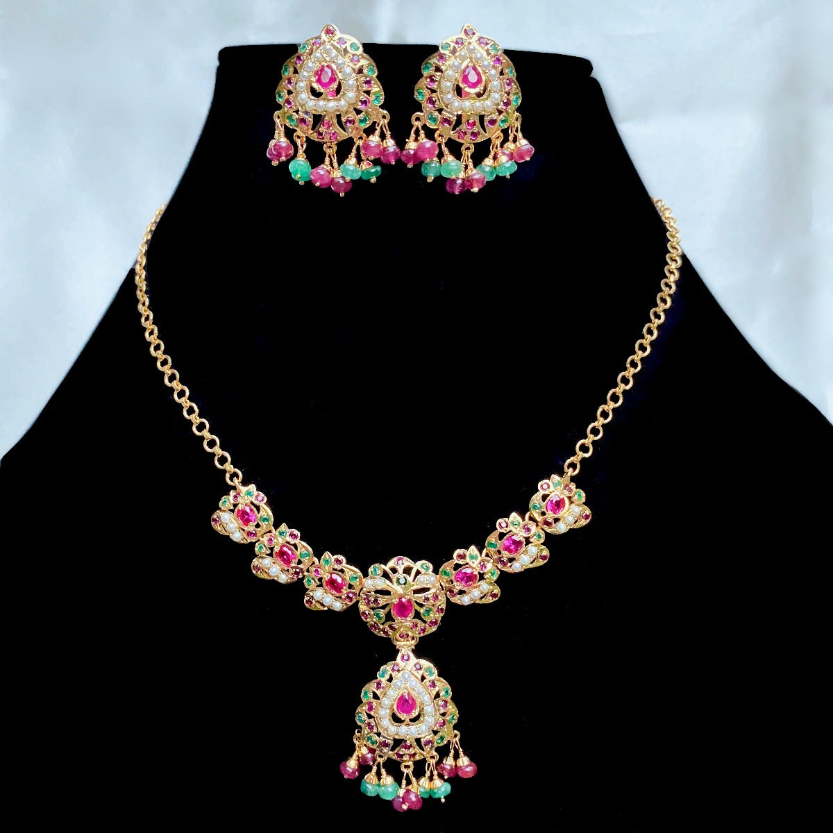 Multicolored Jadau Necklace Set in Gold Plated Silver NS 128