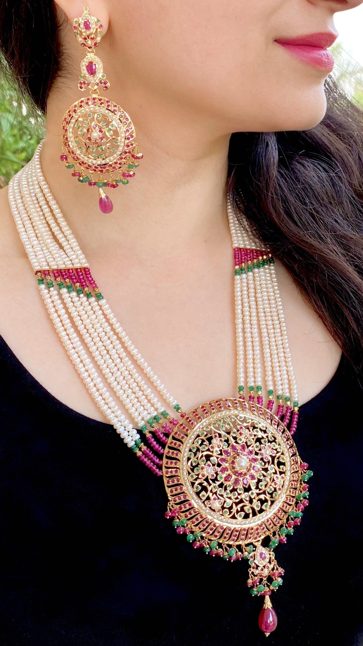 rajasthani long necklace set with earrings in gold