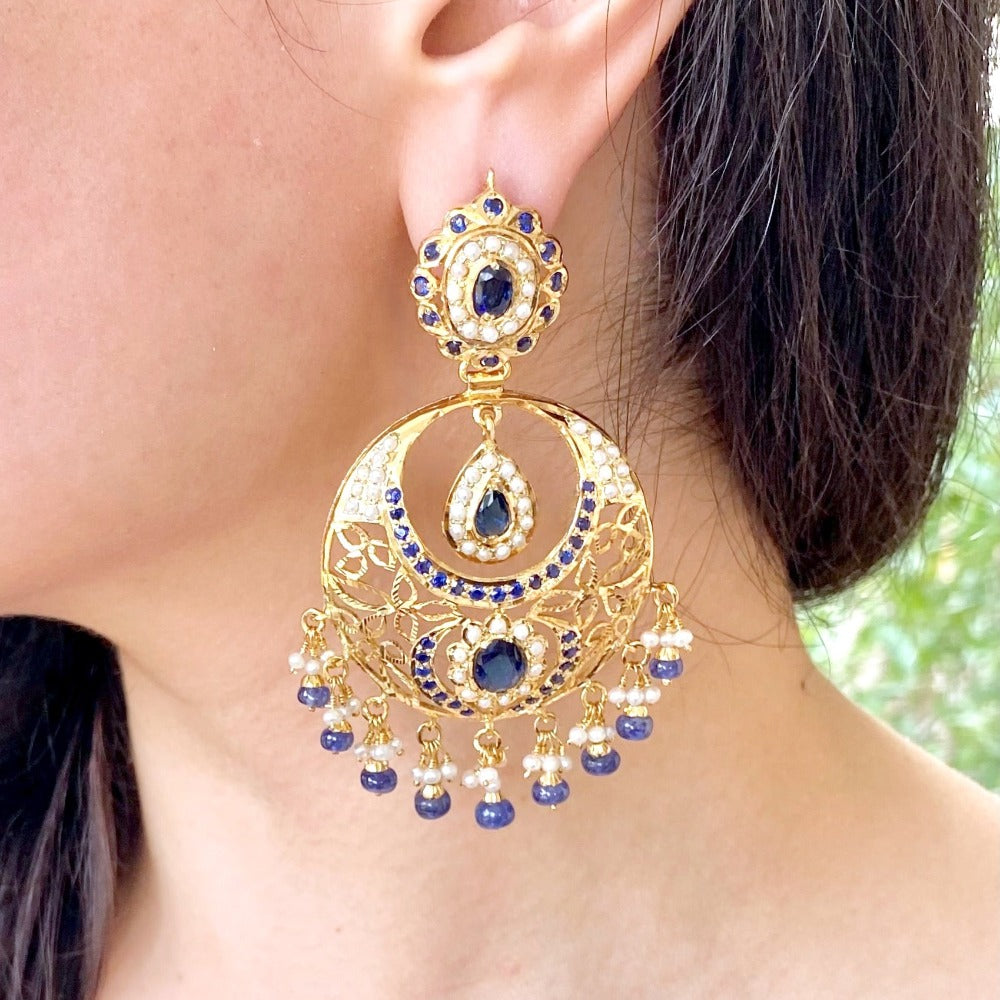 Pearl Sapphire Color Stones | Jadau Chandbali Earrings | Gold Plated Silver ER 318