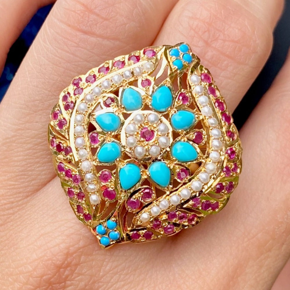 cocktail ring in 22k studded with ruby and feroza tanishq