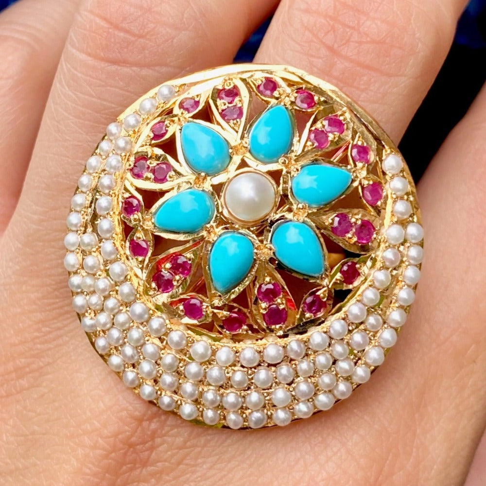 Turquoise Ruby and Pearl Ring in 22ct Gold GLR 053