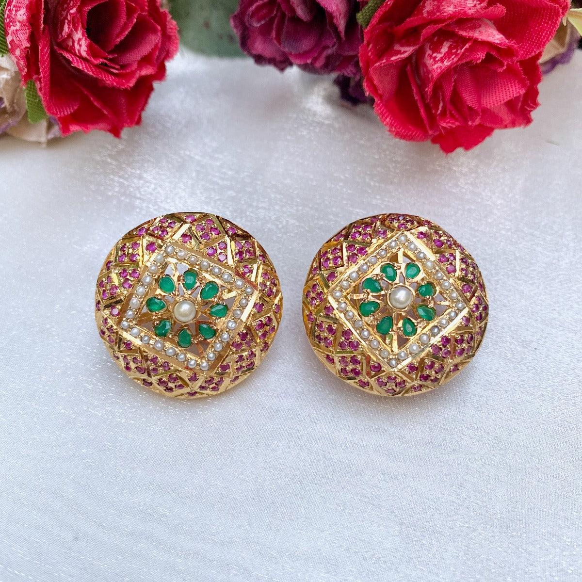 Luminous pink stone studded big round stud earrings copper gold plated for  women & girls - AQUASTREET - 4172853
