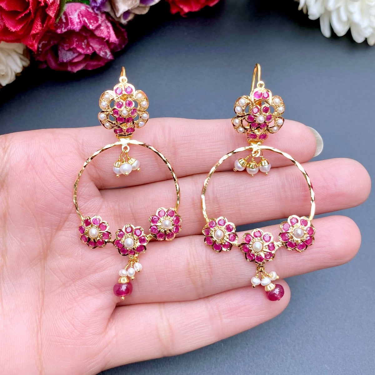 Light weight chandbali yellow minakari earrings with pearl maatal – Maatshi