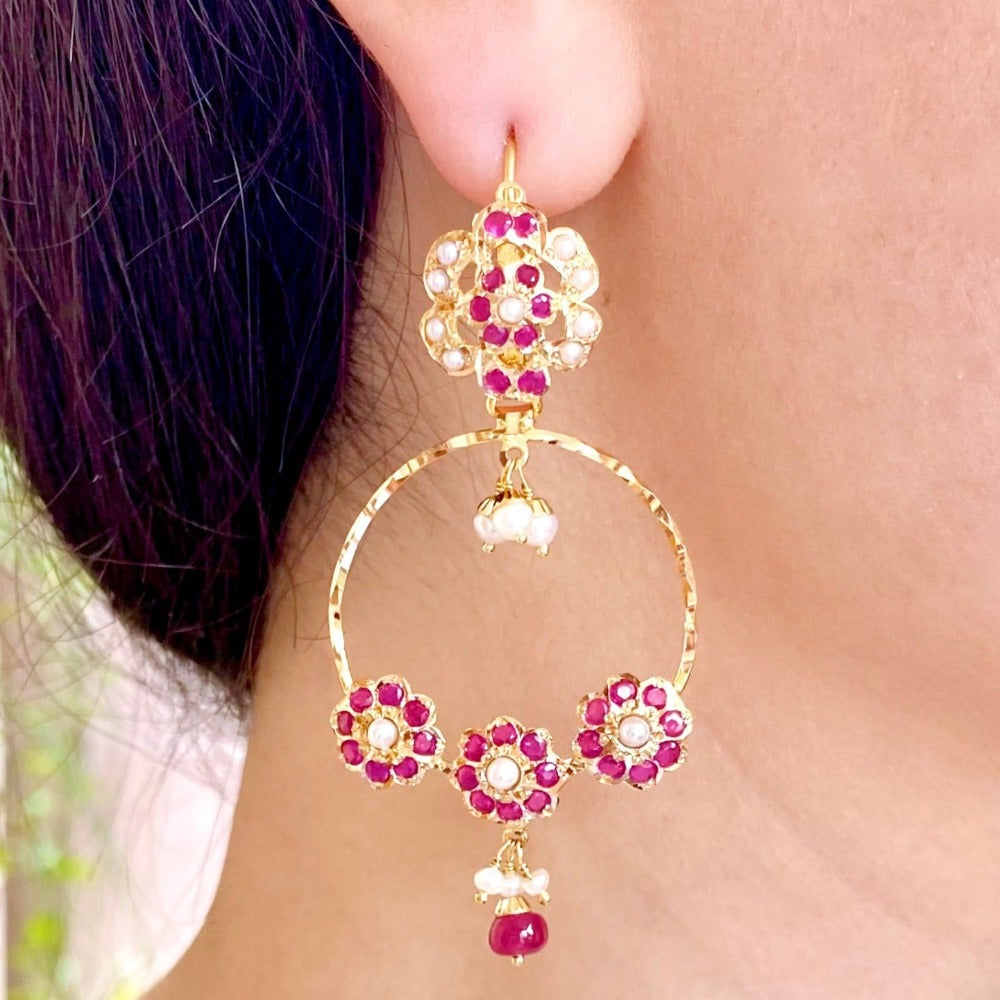 lightweight gold chandbali in ruby and pearl on 22k gold