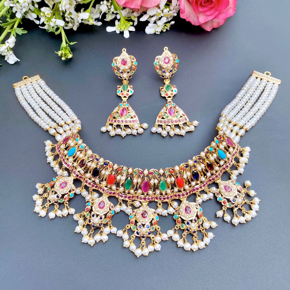 Jadau Choker Set | Navrathan Jewelry | Real Gold Necklace Set